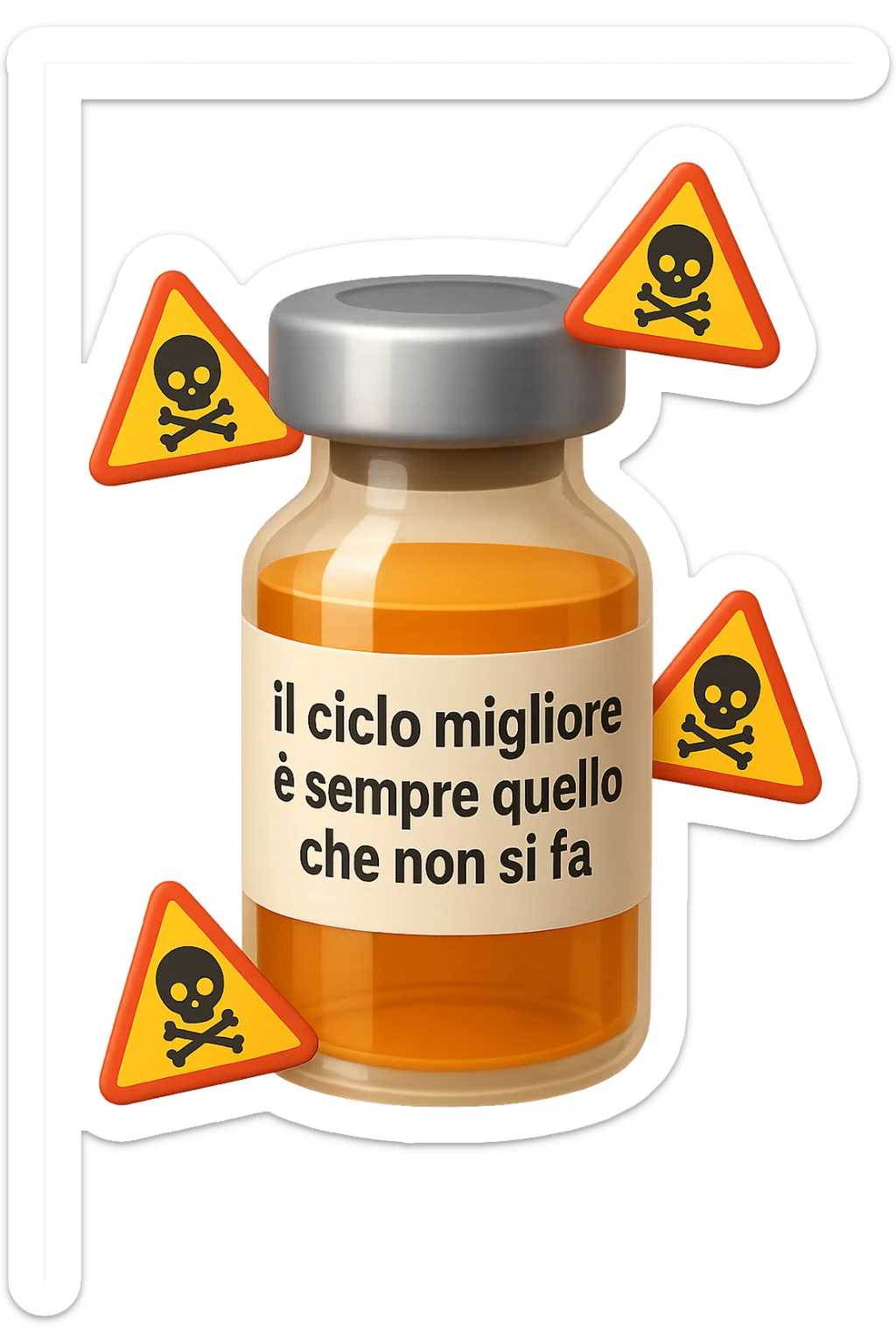 SU QUESTO STILE FAI UN EMOJI STILE IPHONE 3D DI UNa boccetta di fiala medica attorno alla quale fluttuano segnali di pericolo, sull'etichetta della boccetta c'è scritto "il ciclo migliore è sempre quello che non si fa", FALLO MOLTO REALISTICO IN 3D sticker