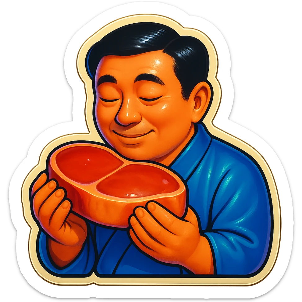 A Japanese man in traditional kimono with a loving look holds a steak in his hands, preparing to eat it sticker