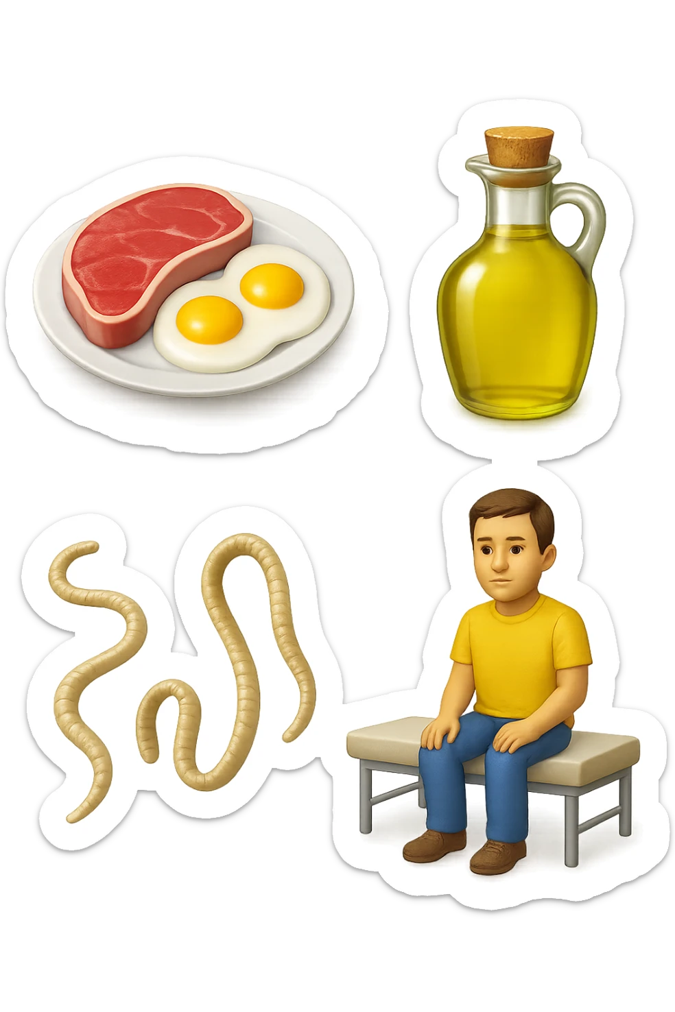 emoji stile iphone di UN PIATTO CON CARNE ROSSA E UOVA, UNA BOTTIGLIA DI OLIO DI SEMI, DUE PARASSITI TIPO LA TENIA, UOMO SEDUTO SU UN LETTINO DA FISIOTERAPISTA, IPERREALISTICO 4K sticker
