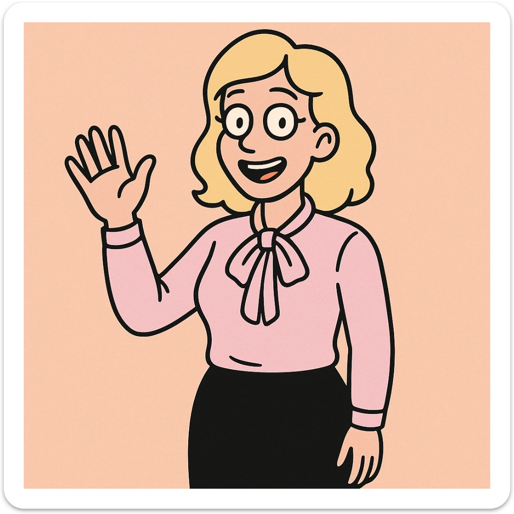 A woman light yellow hair Sky pink Flavia Pussy Bow Blouse Black Numana Straight Skirt a hand say hello sticker