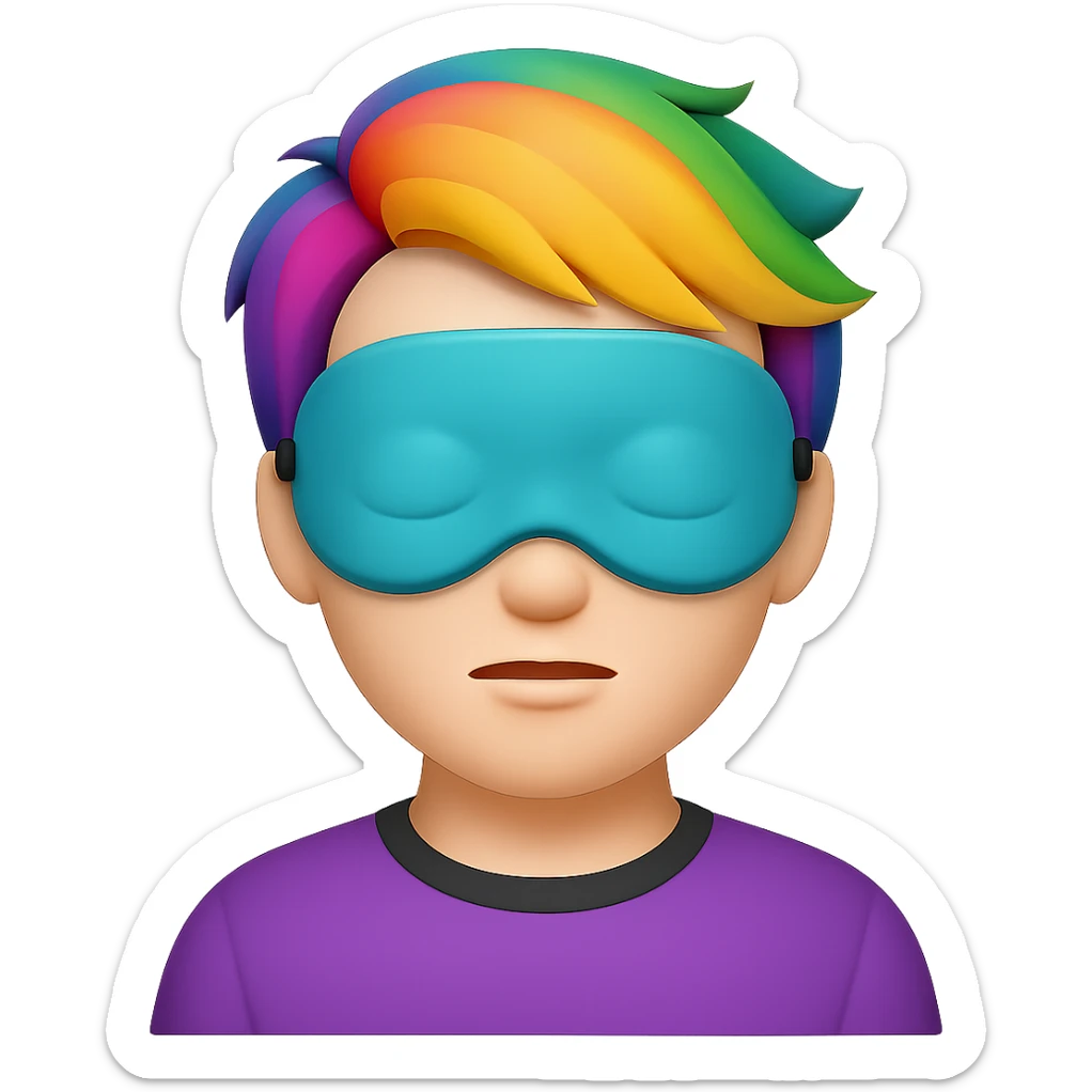 Apple emoji style man with a sleep eye mask fully covering his eyes, colorful hair, no pillow, no background sticker