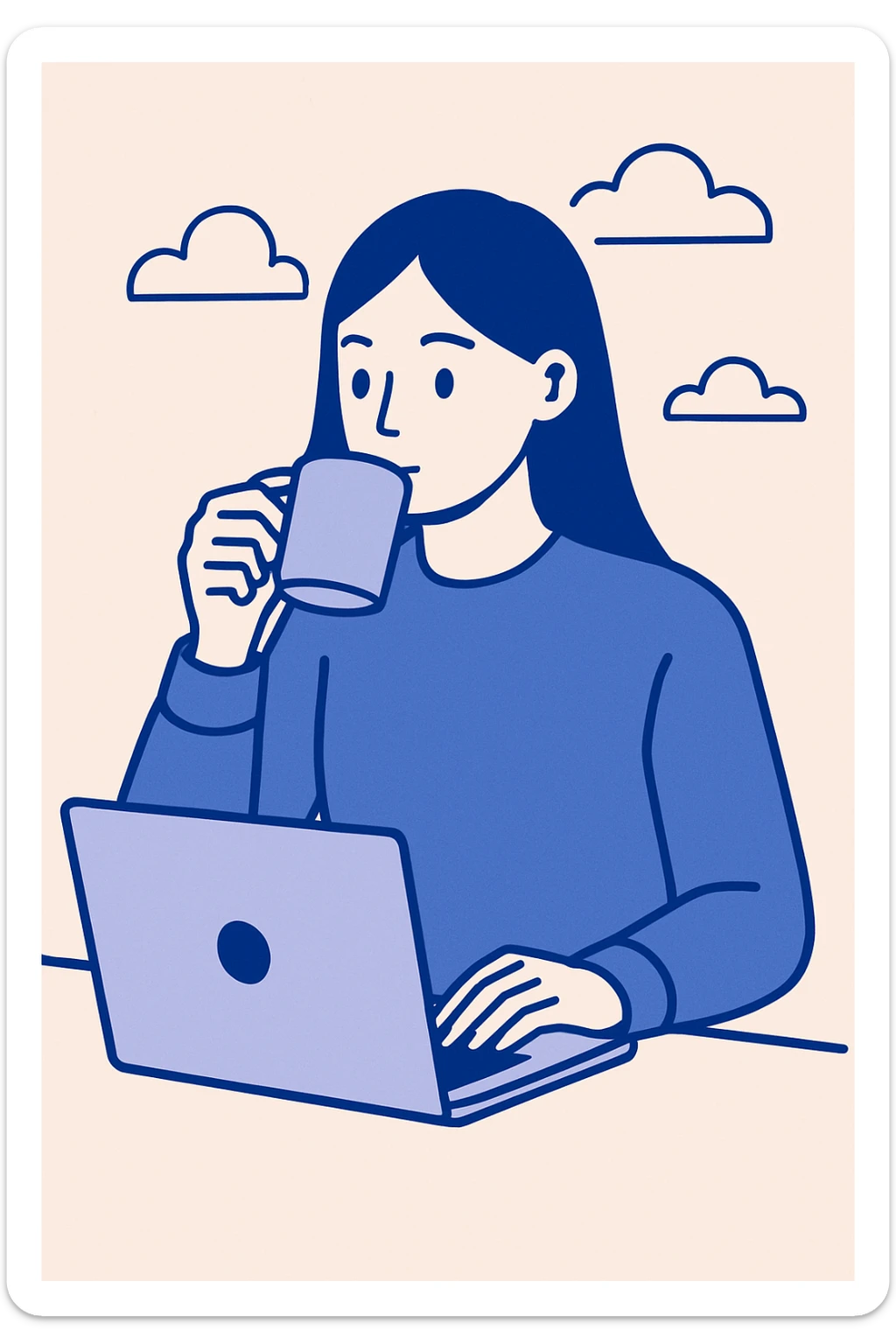 young 20-year-old woman with long straight brown hair, wearing a sweater, drinking coffee and working on a laptop, flat minimalist style, white background sticker
