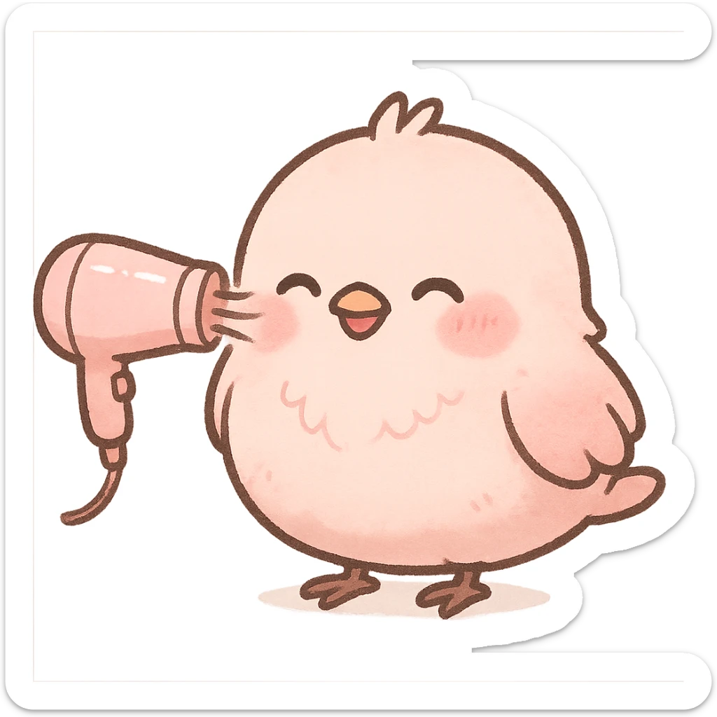 chibi style cute hair dryer soft fluffy bird blowing gentle air with a happy face, soft pink, full-body sticker
