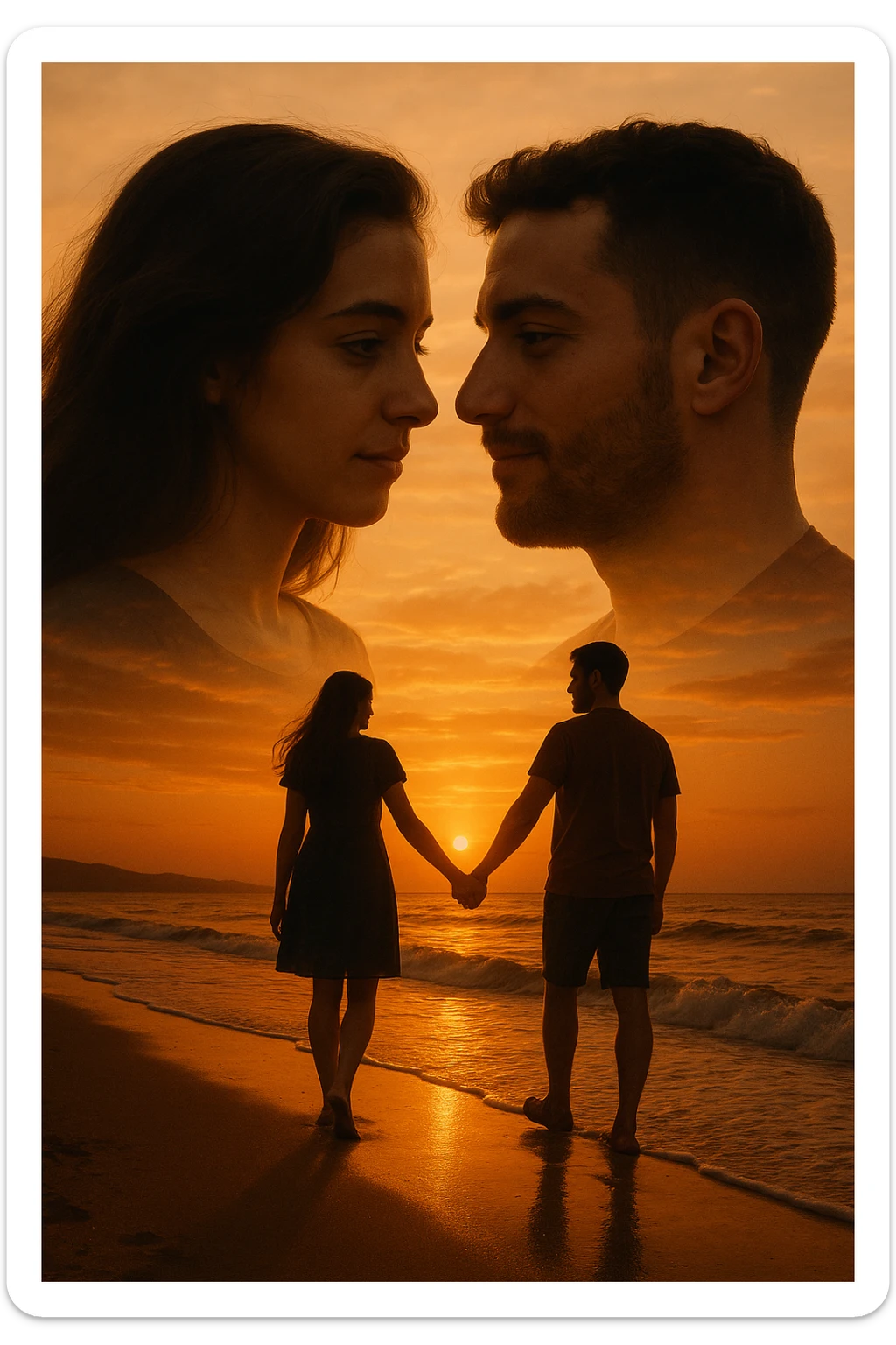 Una doppia esposizione cinematografica di noi di profilo, con un paesaggio di spiaggia al tramonto integrato nella silhouette.
La scena interna ci mostra entrambi camminare sulla sabbia bagnata, tenendoci per mano, con le onde del mare che si infrangono è facile e un cielo colorato dagli ultimi raggi di sole. Atmosfera calda e intima, toni dorati arancioni, dettagli fini ed espressivi, risoluzione 8K. sticker