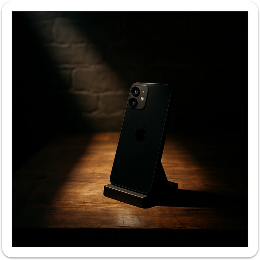 dark room in loft style, iphone lies on a wooden table on a stand, a beam of light shines directly on it and on the table sticker