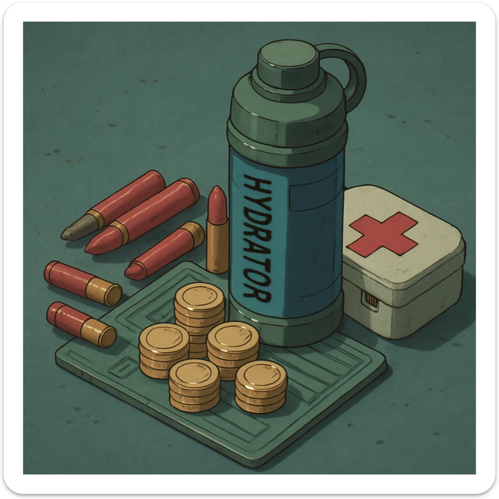 the image is the icon for a videogame  item. futuristic cyberpunk -ready to equip- it is master craftsmanship [ unequipped item ]
It is a pile of miscilaneous loot, some ammunition, credits, first-aid, and a hydrator, neatly bunched together sticker