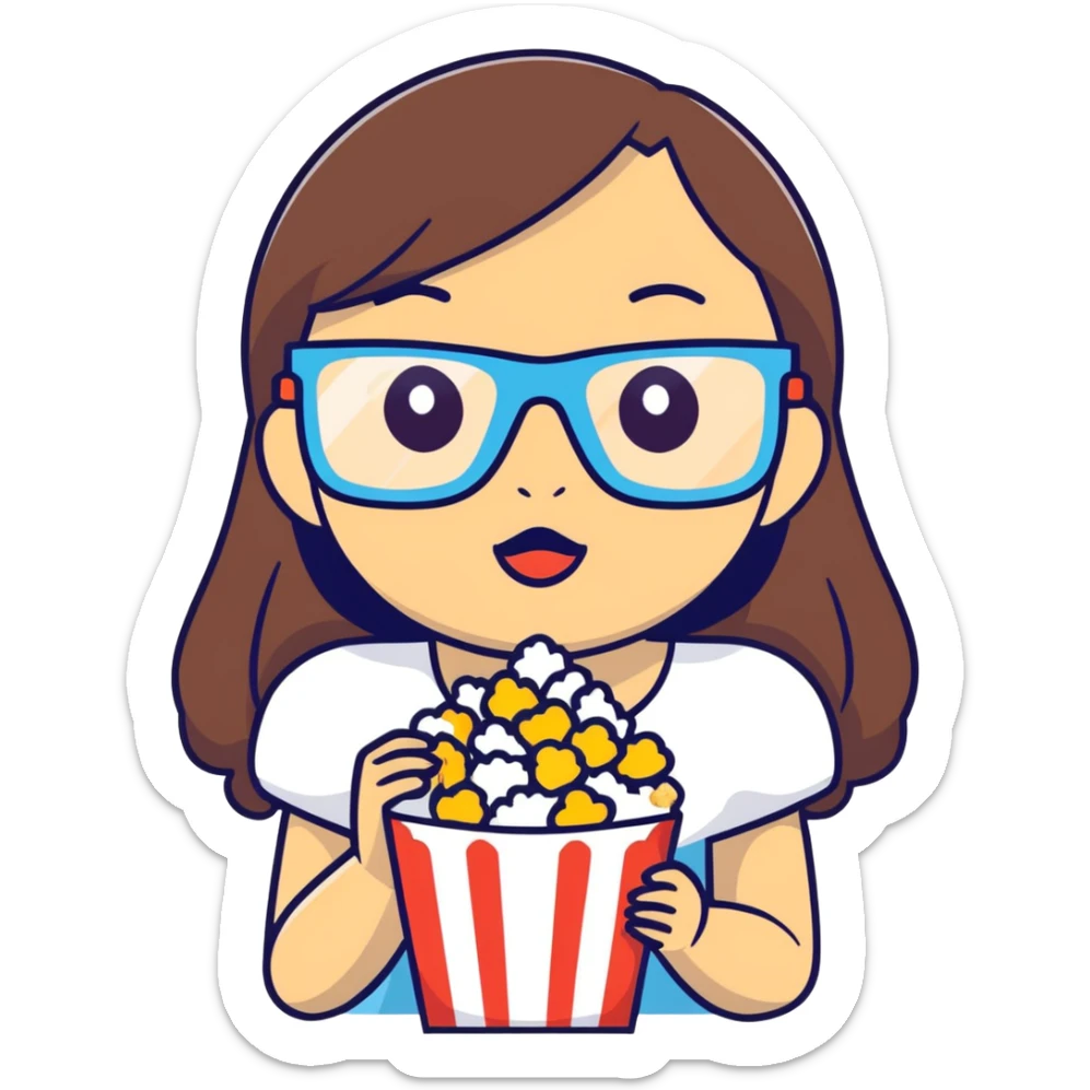 Create a Asian Latina girl with brown hair and eyes eating popcorn and using the 3d glasses they give you at the cinema sticker