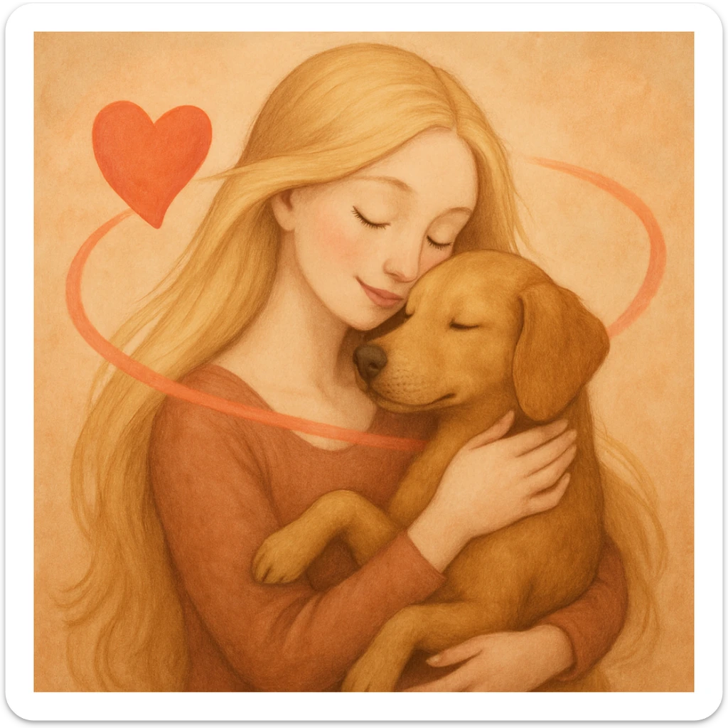 A pretty woman with pale skin and very long blonde hair holding a dog, with a heart spinning around her. sticker