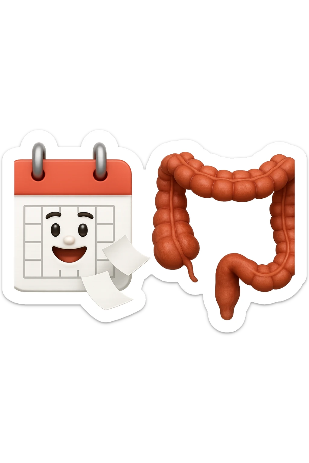 emoji stile iphone di un calendario con fogli che volano insieme a pezzi anatomici di colon umano, iperrealistico 4k, isolato su sfondo bianco sticker