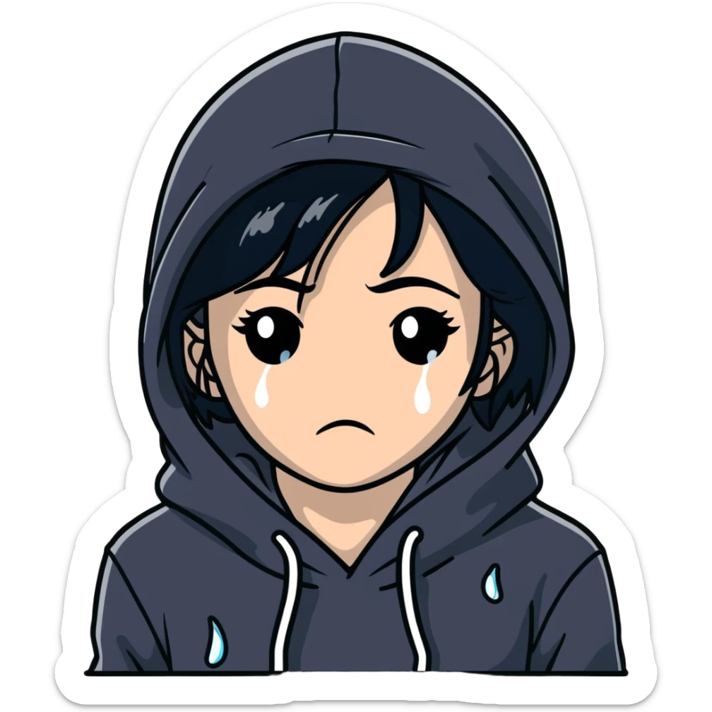 girl with black hair in black hoodie with tears streaming down her face sticker