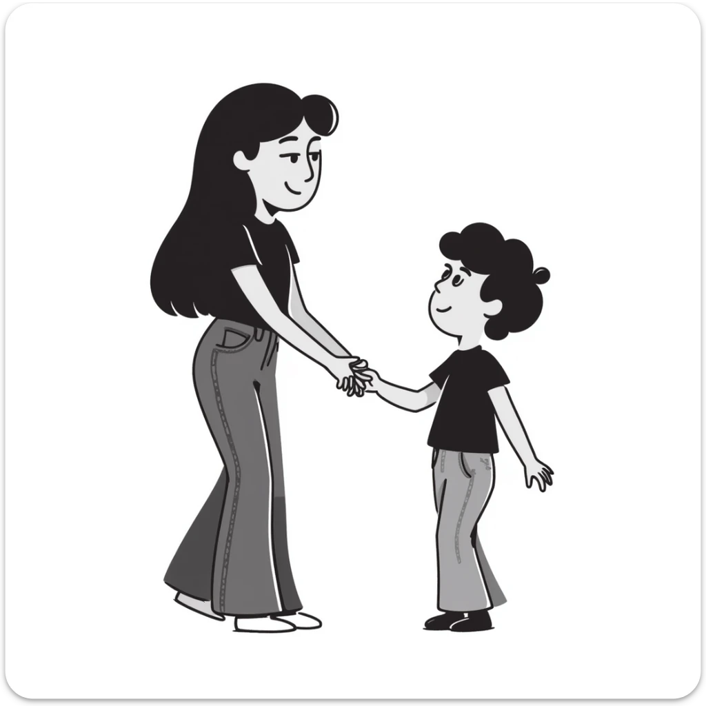 A girl with long brown hair holding the hand of a boy with short black hair, she wearing a black tank top with flared blue jeans, he wearing a black t-shirt with grey jeans, couple in love sticker