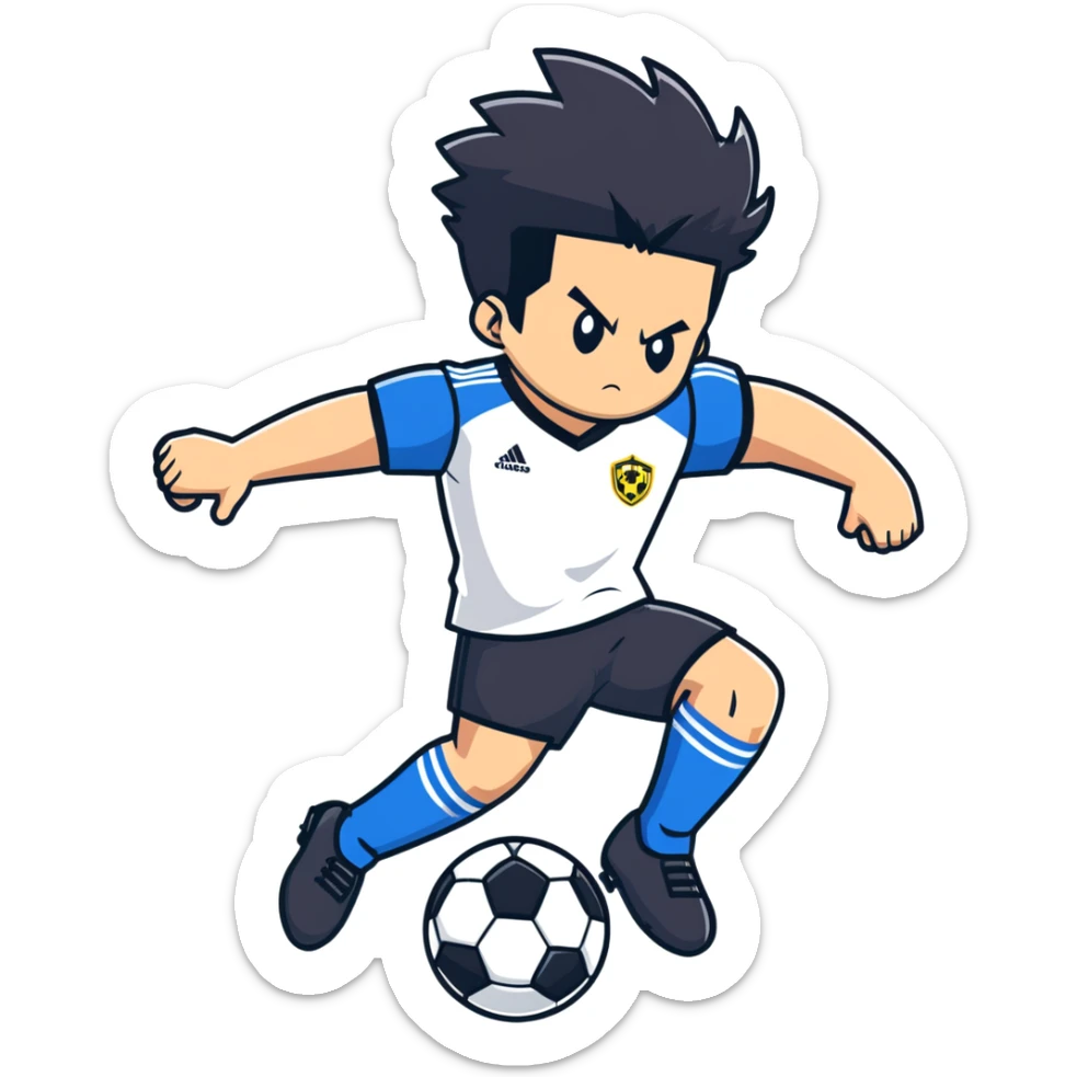 Bad ass anime soccer guy playing soccer he has black hair and in the background there is a gaming computer sticker