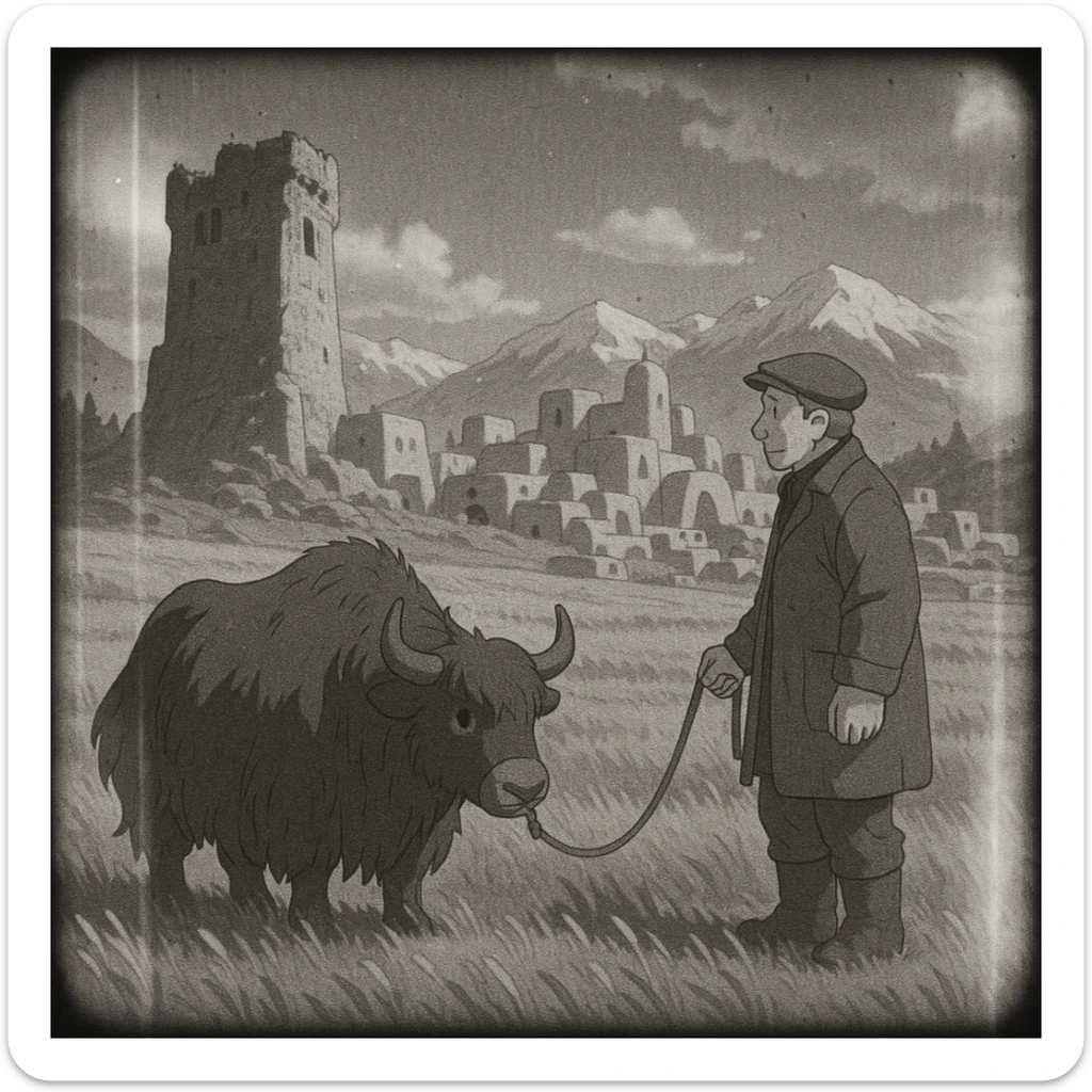 8mm film black and white, no color, light leaks. the image shows post-war reconstruction-era life in the z'rian commonwealth capital region, santa-fe neo-adobe futuristic architechture. arctic temperate region. there is a tattered tower-bastion, a vast field and a middle-aged man with a large black yak sticker