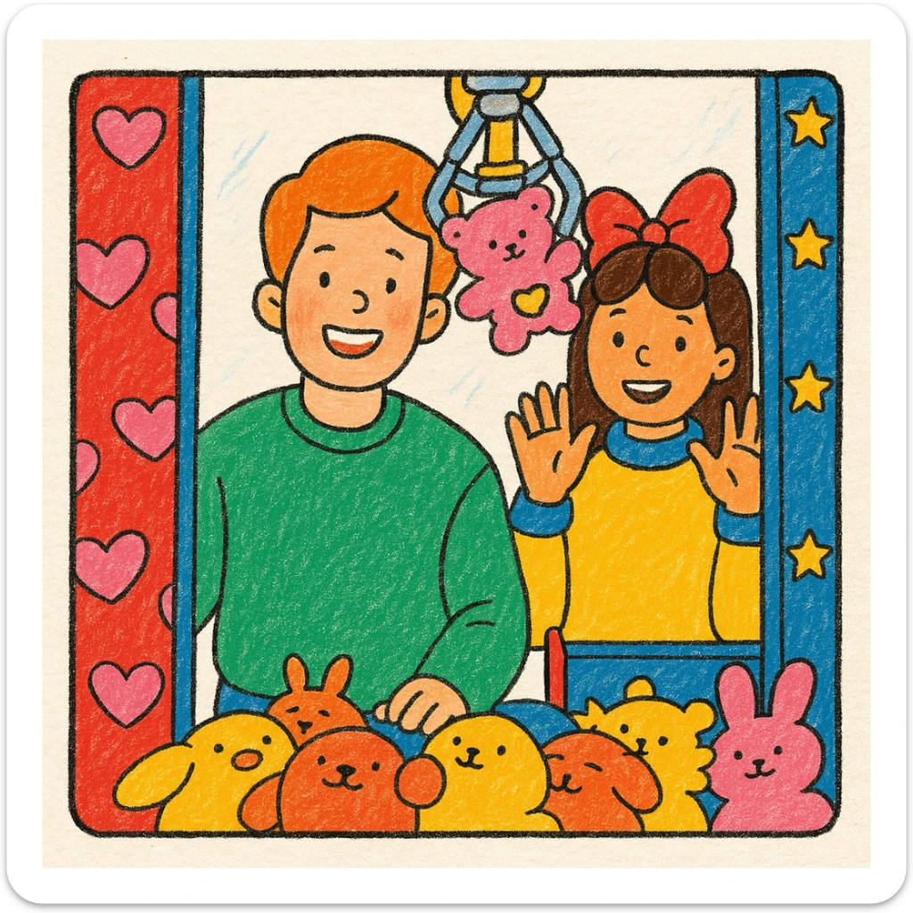 Colorir o desenho de duas crianças brincando em uma máquina de bichos de pelúcia, usando cores vivas e alegres, mantendo o estilo original do traço, no estilo hand drawn children's illustration. sticker