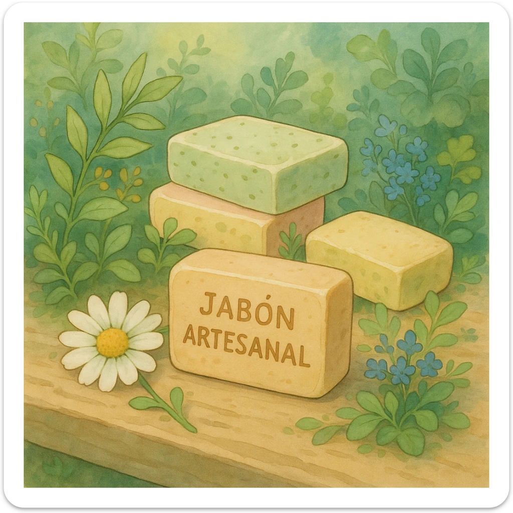 jabon artesanal, estilo ghibli, colores suaves, detalles naturales, forma orgánica sticker