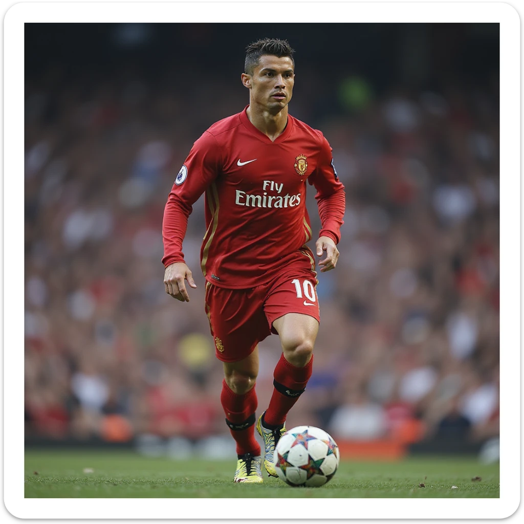 Cristiano Ronaldo, photorealistic football star, in action, detailed facial features, iconic hairstyle, athletic pose, stadium background sticker