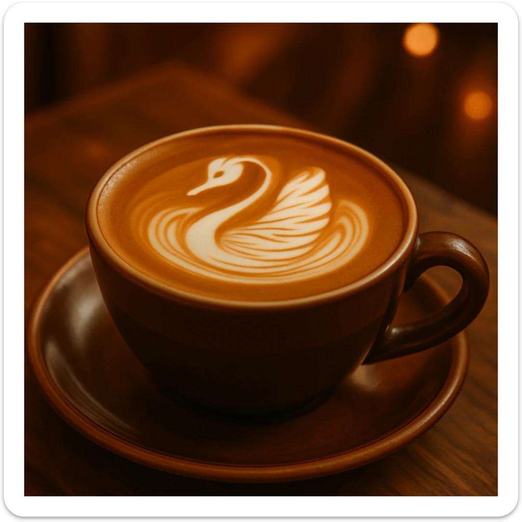 Add a swan foam art style to the coffee latte, keep the warm and inviting atmosphere. Maintain the cozy and warm look of the original image. sticker
