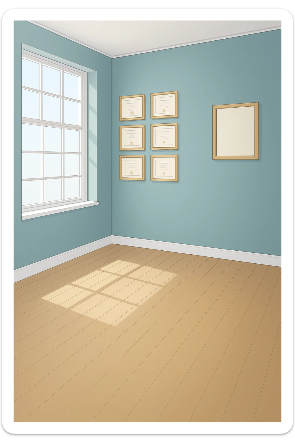 PRENDI SPUNTO DAI COLORI E DALLO STILE DELLA STANZA CON L'UOMO CON IL CAMICE E faMMI QUESTA STANZA VUOTA STILE MANGA/WEBTOON A COLORI SENZA LE PERSONE, SOLO LA STANZA. FALLA MOLTO PIù LUMINOSA, NON LUCI GIALLE sticker