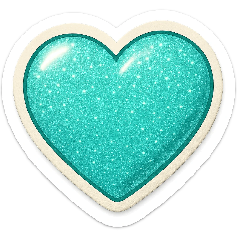 Change the glittery mint color heart with a soft shadow to a glittery teal color heart with a soft shadow, keeping the background transparent. sticker