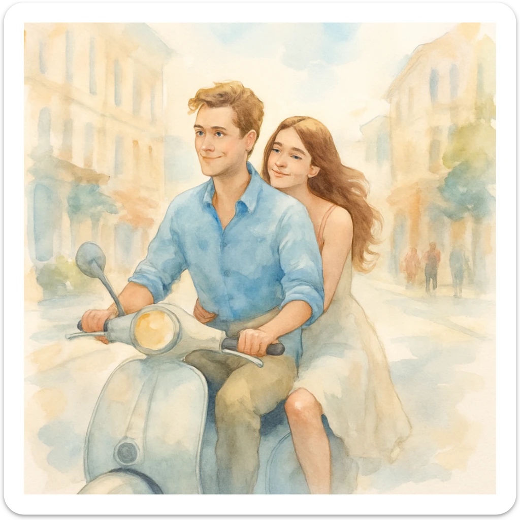 watercolour style, couple on a scooter, city street background, light and airy feel sticker