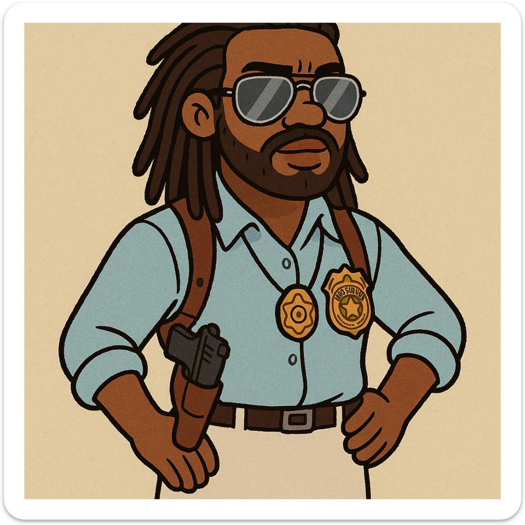 Add a detective badge to the male black detective with dreads, aviator sunglasses, white skirt, and shoulder holster in a cartoon style. Maintain the cartoon style and character details as in the reference image. sticker