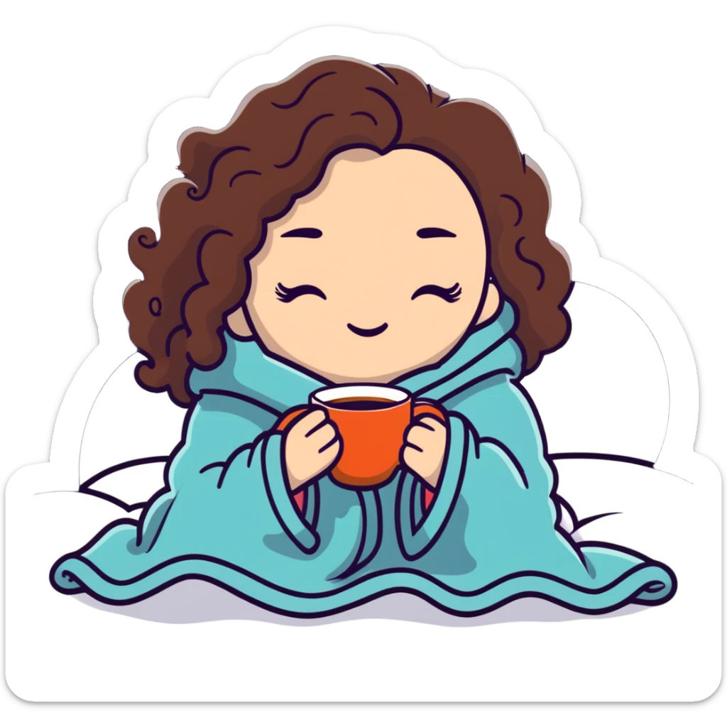White girl with curly brunette hair inside a blanket sipping coffee with eyes closed, cozy winter morning sticker