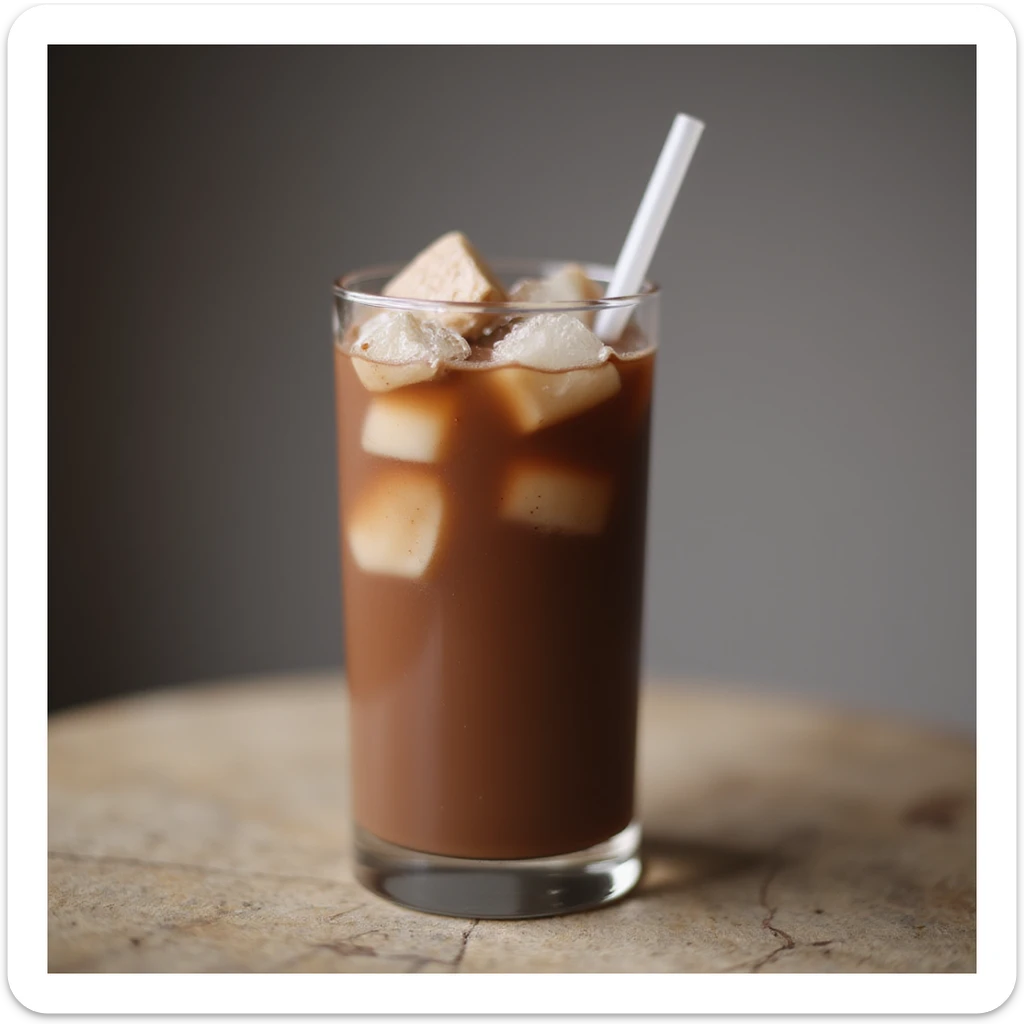 realistic iced chocolate drink in a tall glass with ice cubes and a straw sticker