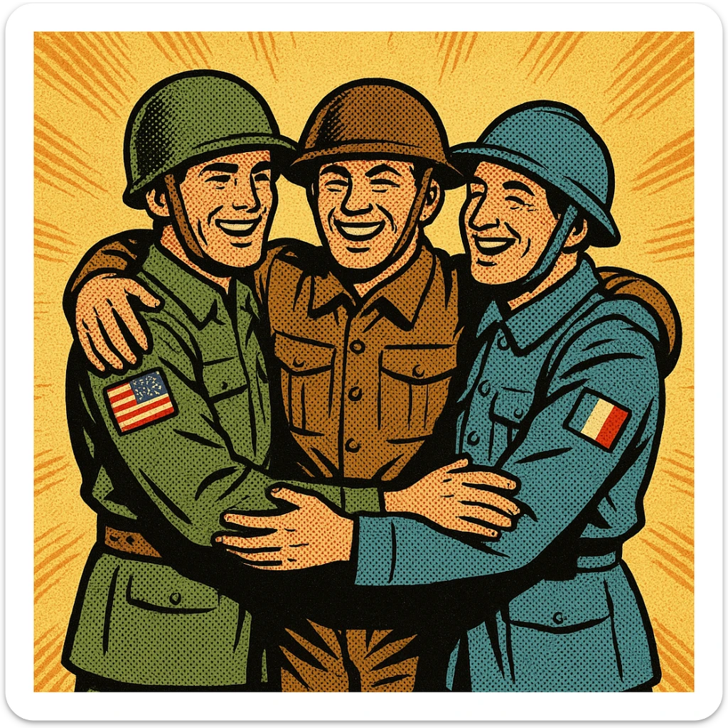 A full body 1940s American soldier with the US flag on his arm with his arms around a 1940s British soldier and a 1940s French soldier. They are all happy. sticker
