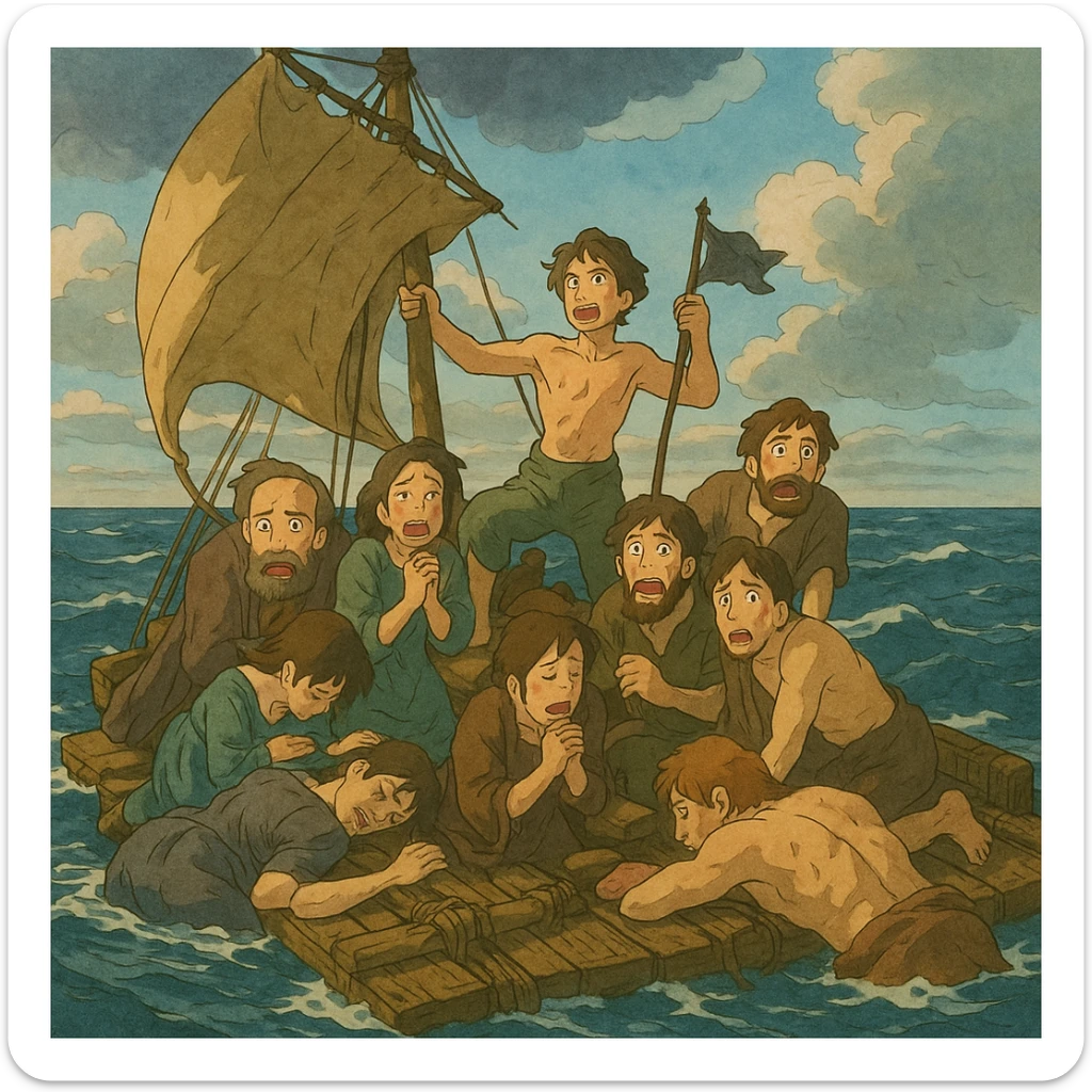 ghibli style illustration of Le radeau de la Méduse, emotional faces, detailed raft, ocean sticker
