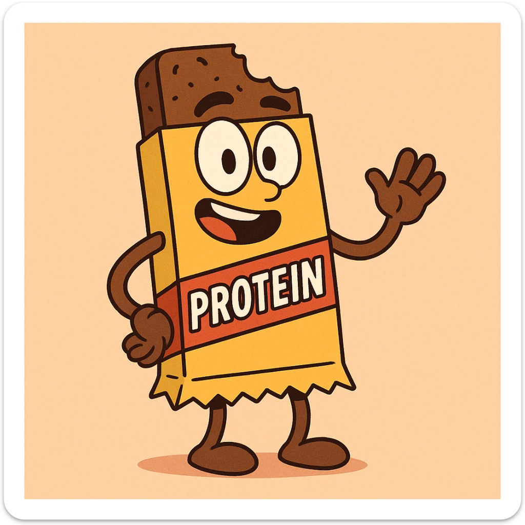 cartoon style protein bar with bright colors and a bite taken out sticker