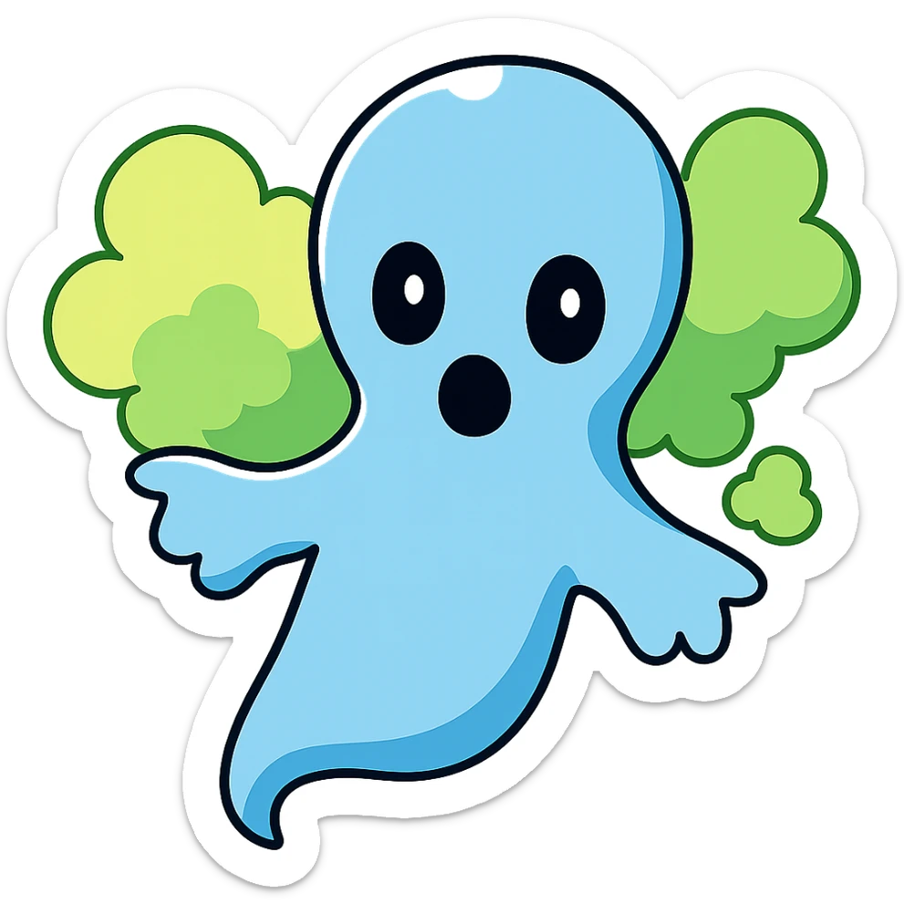 Add visible blue and green fart gas clouds behind the blue and white ghost boy. Keep no background as requested. sticker
