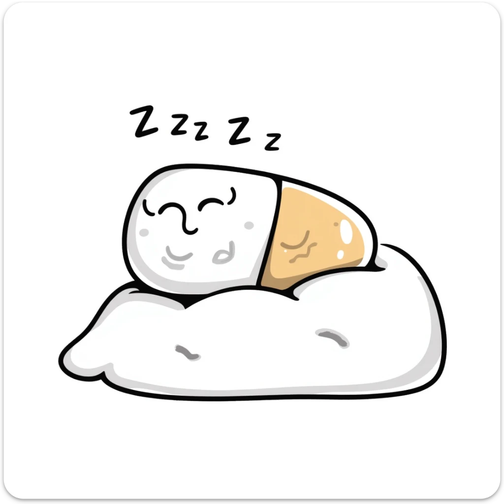 Cute sleeping pill with closed eyes and zzz sleep symbols, colorful sedative medicine capsule on a pillow, hand drawn sleep aid icon with gentle relaxing colors, sleep medicine concept sticker
