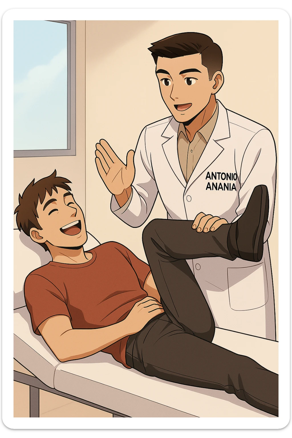 fai un webtoon manga a colori con questo stile, in cui un uomo è steso sul lettino medico e il kinesiologo con il camice bianco (fagli anche la scritta "ANTONIO ANANIA" SUL CAMICE, gli solleva una gamba per fargli il test neuromuscolare, IL KINESIOLOGO SPIEGA ALL'UOMO UNA cosa mentre gli alza la gamba. l'espressione dell'uomo è felice e soddisfatta, non fare i fumetti però, fai solo in modo che sembri stiano parlando, il lettino fai in modo che si veda tutto intero sticker