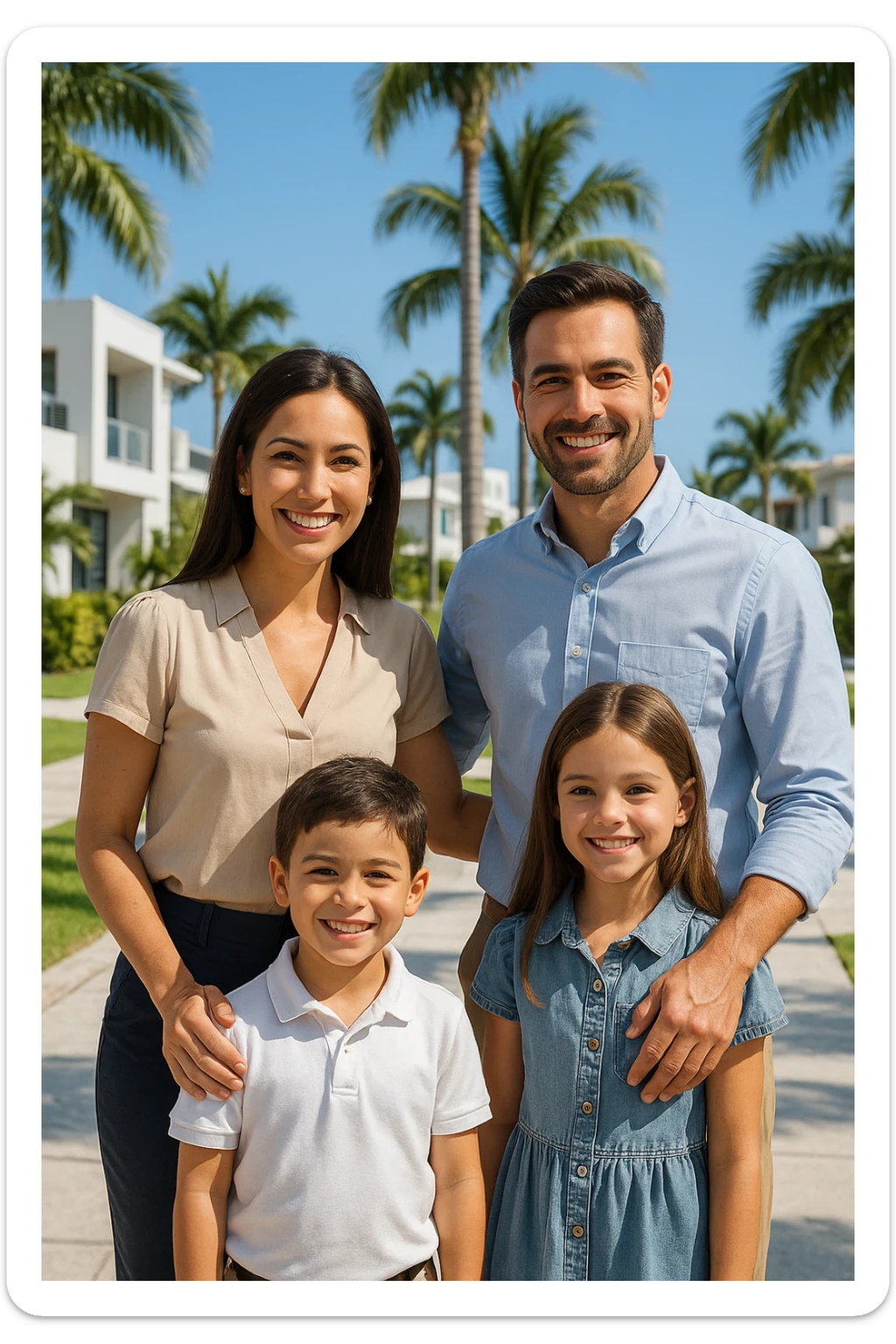 Foto hiper realista que refleje a nuestro cliente ideal de real estate: familias profesionales que desean mudarse a Miami o adquirir una segunda residencia. Familia tradicional de madre, padre, hijo e hija. sticker