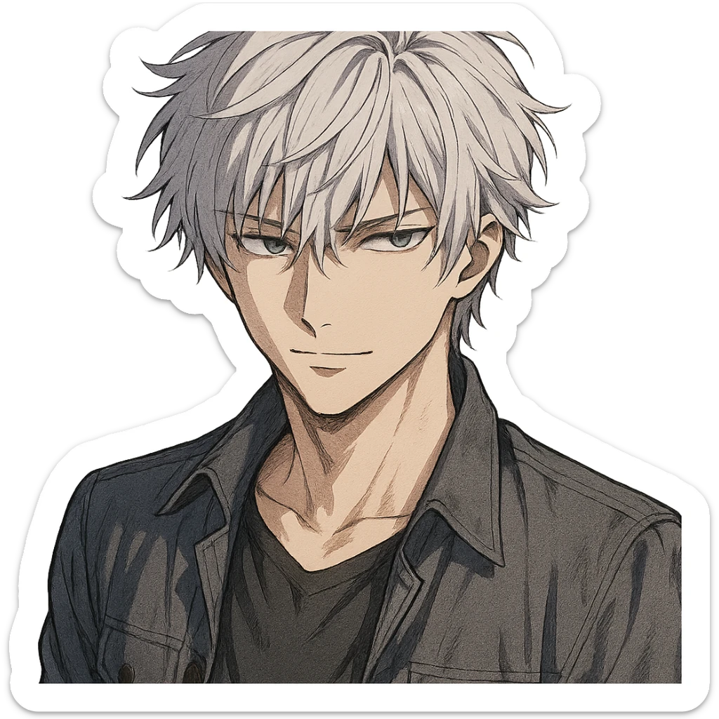 male anime character with silver hair, slightly tousled hairstyle, mysterious expression, detailed anime style, no background sticker