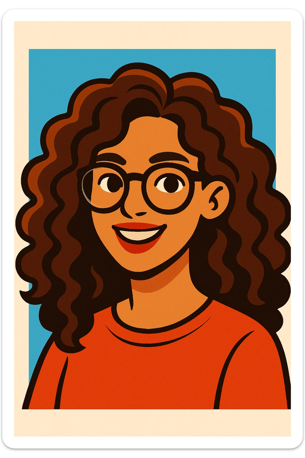 woman with long curly brown hair and eyeglasses, modern illustration style sticker