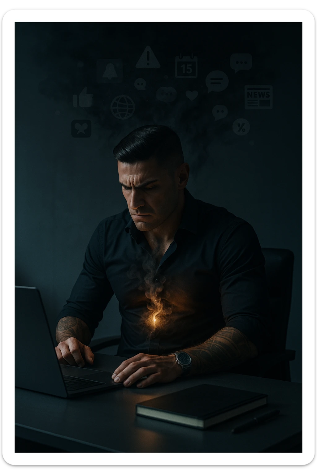 A highly realistic, cinematic image of a young man in his early 30s, sitting at a modern office desk under harsh artificial lighting, shoulders hunched, jaw clenched, and breathing shallowly, symbolizing how modern society forces people to live in a state of chronic tension and restricted breathing. Around him, faint black and grey visual elements represent notifications, deadlines, social media icons, and news alerts, swirling around his head like a chaotic storm, symbolizing societal pressure. His chest appears visually tight and compressed, and faint dark smoke emanates from his body, representing blocked breath and internalized stress. In contrast, a faint glowing light near his chest and abdomen tries to expand, symbolizing the innate desire of the body to breathe freely and deeply. The environment is cold and minimalistic, with a sense of stillness and tension, captured in a hyperrealistic 35mm film style with muted colors, focusing on the man's tense posture and restricted breathing to reflect the unseen burden of modern living. in italiano sticker