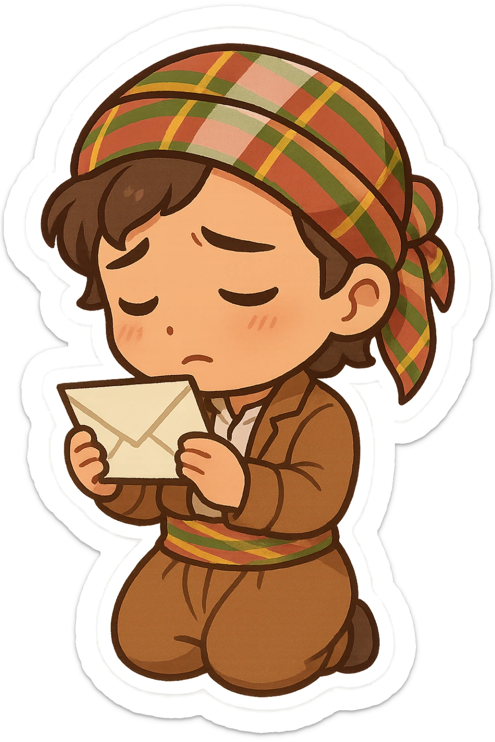 Kurdish sticker, cartoon style, Kurdish man or woman in jamadani, looking at a photo or holding a letter, thoughtful or nostalgic expression, no text sticker