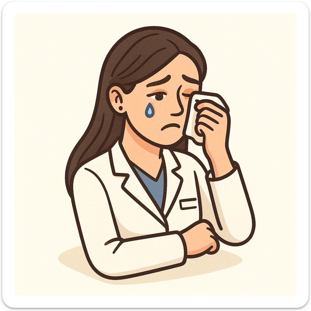 A 2D isometric style illustration of a female doctor with dark long straight hair, detailed brown eyes (not just dots), wearing a white coat, minimalist background, crying and wiping a tear, appearance as in the second previous variant. sticker