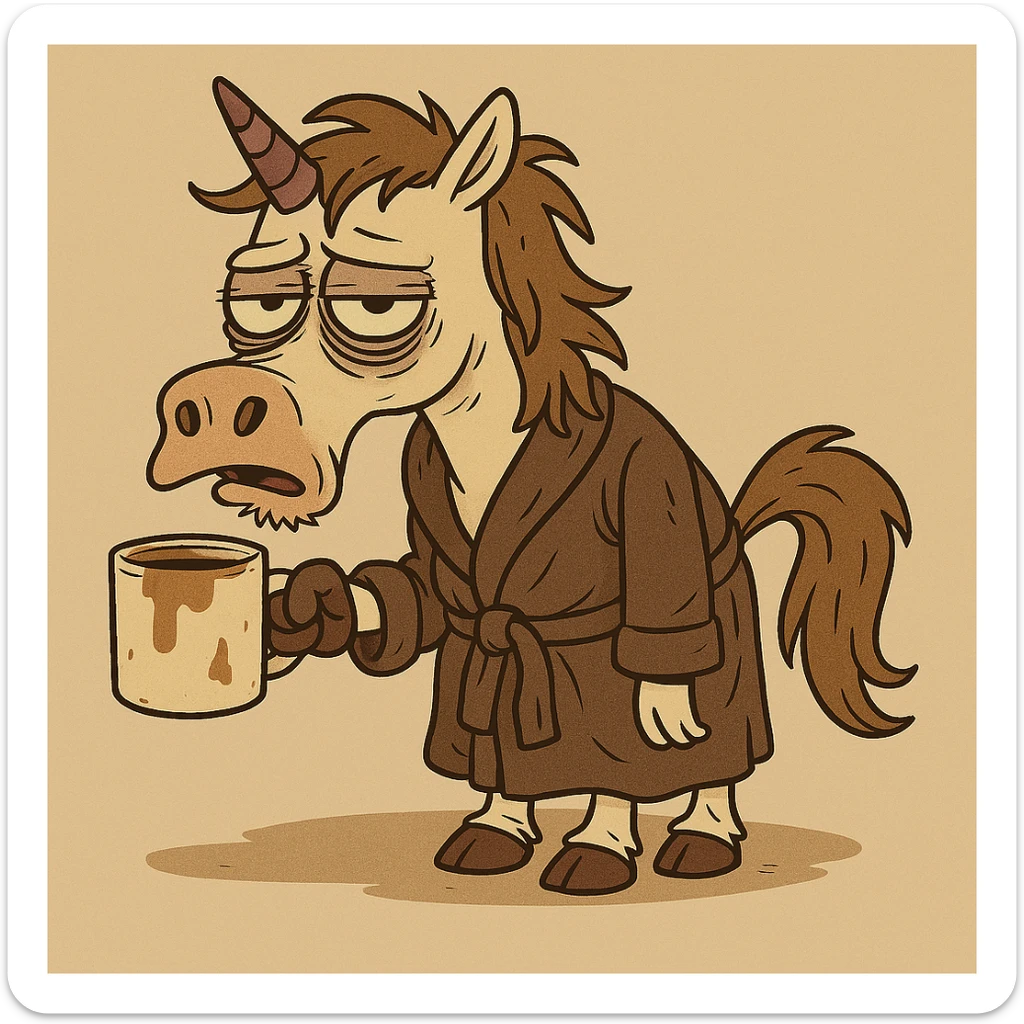 Add a rumpled bathrobe to the unicorn, keep the cartoonish style, unicorn remains disgusting and rumpled with bags under his eyes, a drooping horn, and a dirty coffee cup. sticker