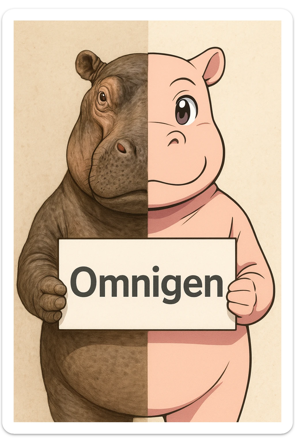 a hippo holding sign of omnigen, half picture hippo is realistic another hald is the anime of that same hippo sticker