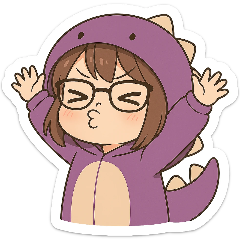 Chibi anime style gamer girl with glasses, brown hair, dark purple eyes, wearing a purple dinosaur costume, new pose with arms up in excitement, making a pouty expression, no controller, no background, same style as reference. sticker