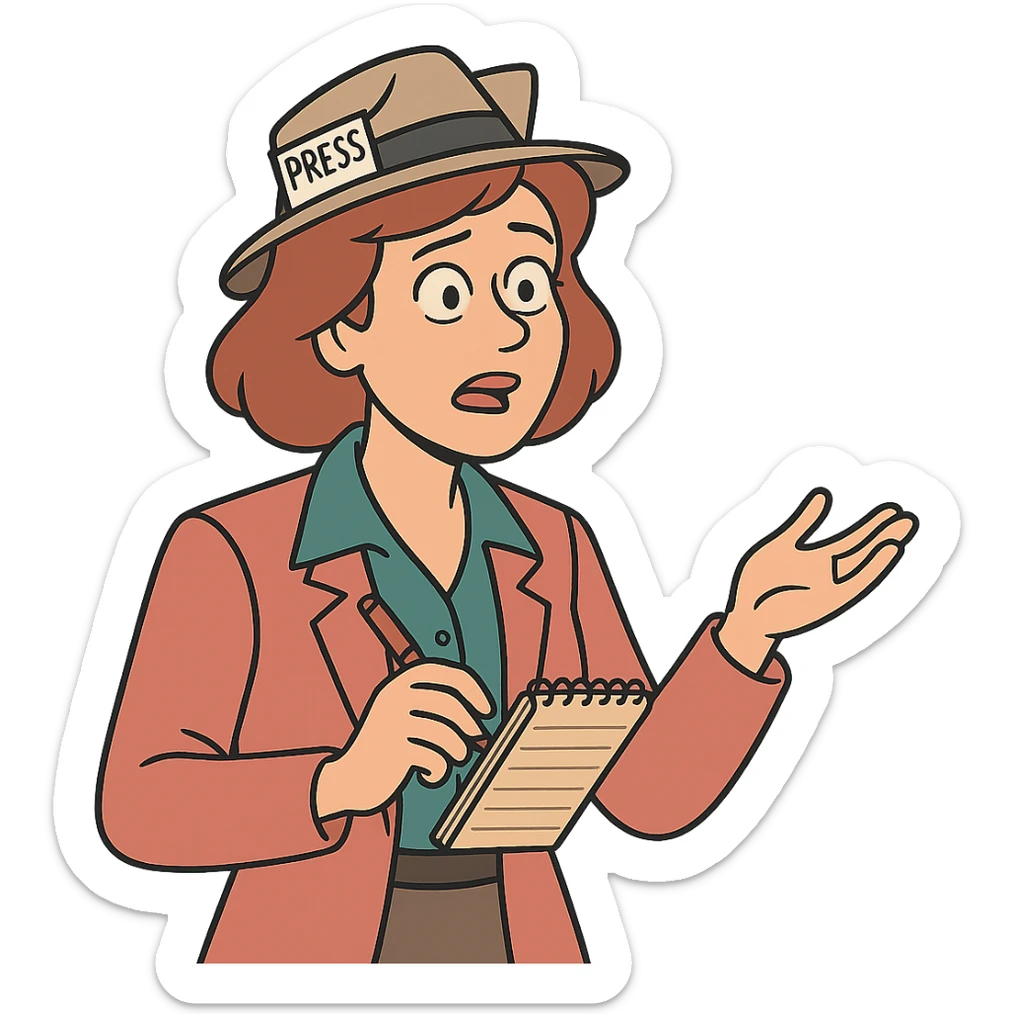 A 1980s female newspaper journalist holding a note book and pen looking like they are asking a question sticker