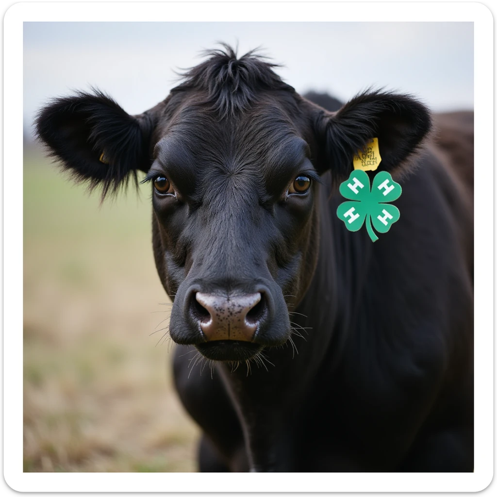 realistic 4-H black show steer with a green 4-H clover badge sticker