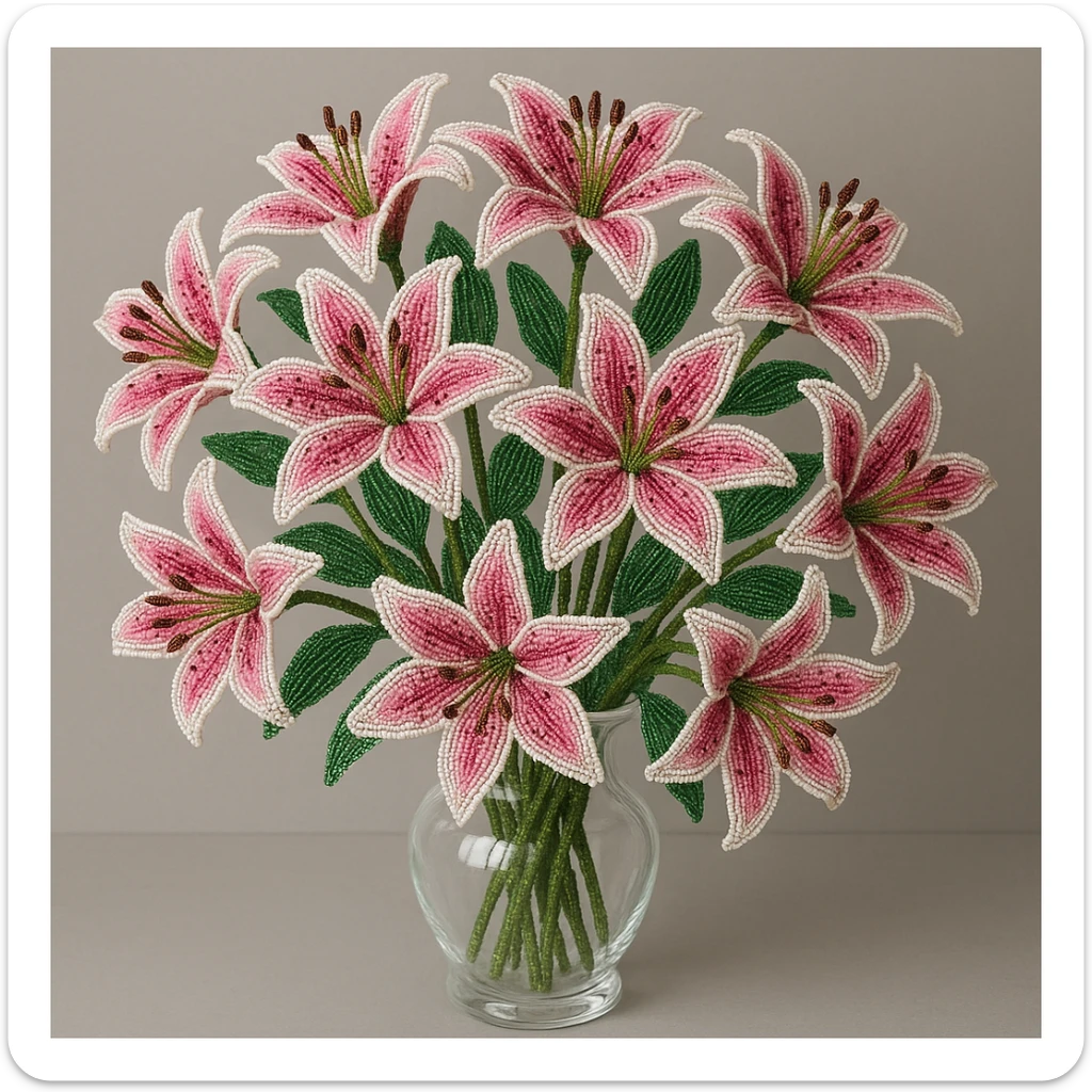 a bouquet of twelve french beaded pink stargazer lilies in a clear glass vase, vibrant pink and white, intricate beading, green stems and leaves, realistic and artistic sticker