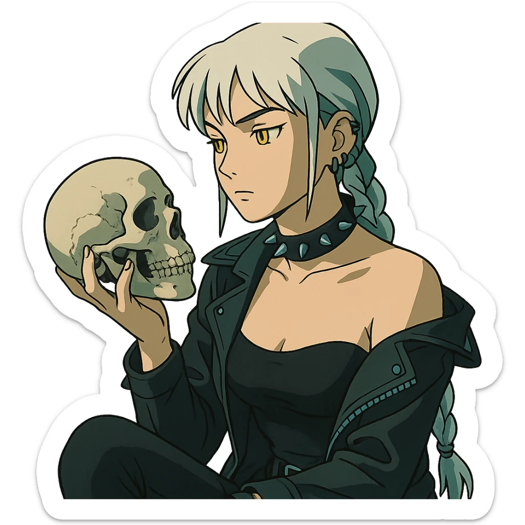 she is holding a skull, pondering as in shakespeare, a closeup portrait of young woman with gold yellow eyes, white hair, long braid, black off-shoulder top d-cup, punk gothic style, futuristic cyberwave cyberpunk, sitting position sticker