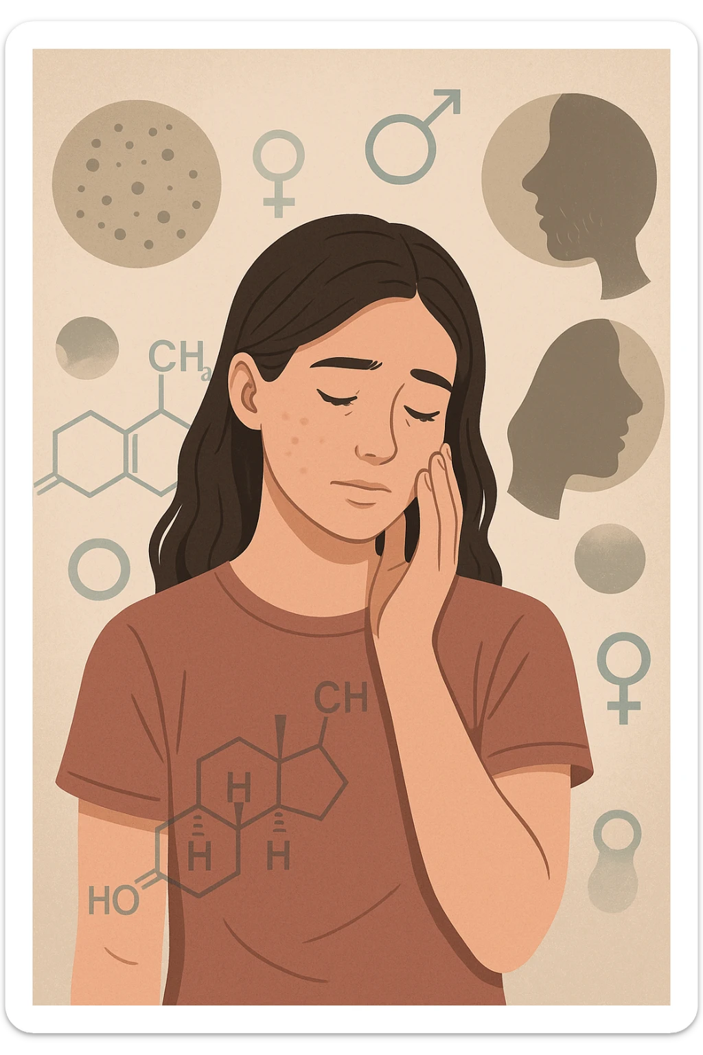 A young woman is surrounded by faint overlays of hormonal symbols and androgen molecules, with shadowy images of acne, facial hair, and oily skin projected around her, symbolizing the symptoms of PCOS with androgen excess. She looks down, gently touching her face with a resigned but hopeful expression, symbolizing her journey toward managing these symptoms. in italiano sticker