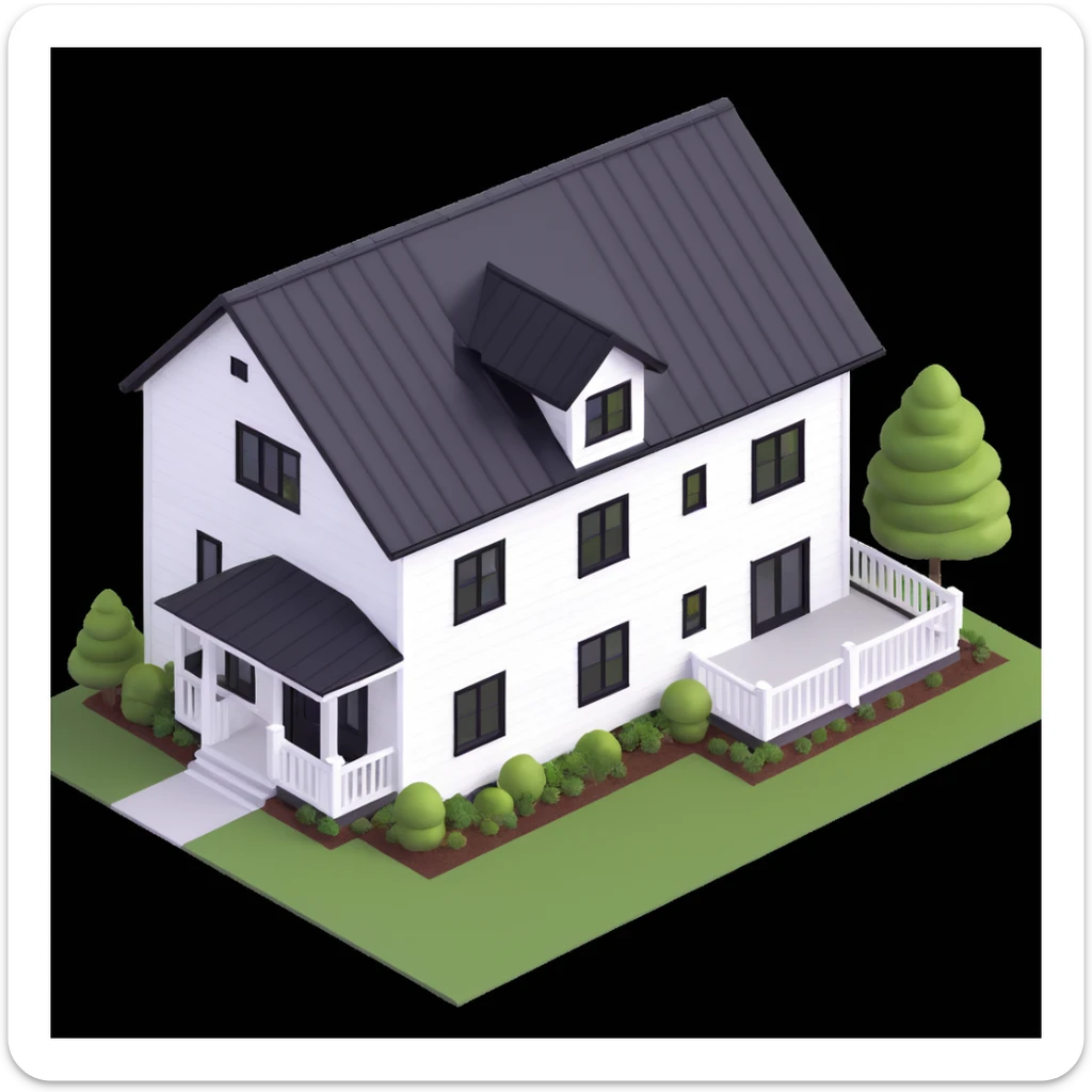 modern farmhouse with white siding, black roof and black trim, isometric exterior view sticker