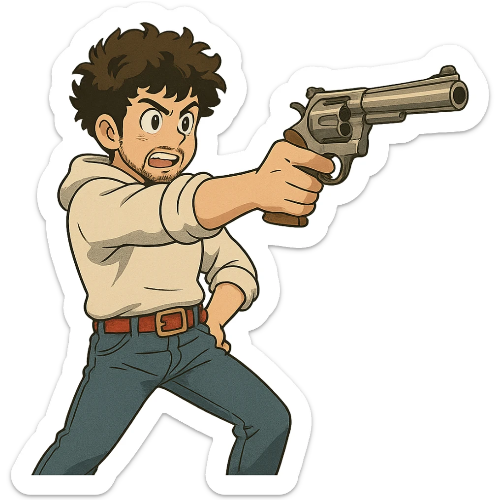 1 male, mid fade haircut dark chestnut brown curly hair, toasted lightskin, white hoodie sleeves up, fashion jeans, red fashion-sneakers shoes, red belt, short trimmed beard and goatee,  style of deku from "my hero academia", drawing a magnum revolver like dirty harry, twtich emote sticker
