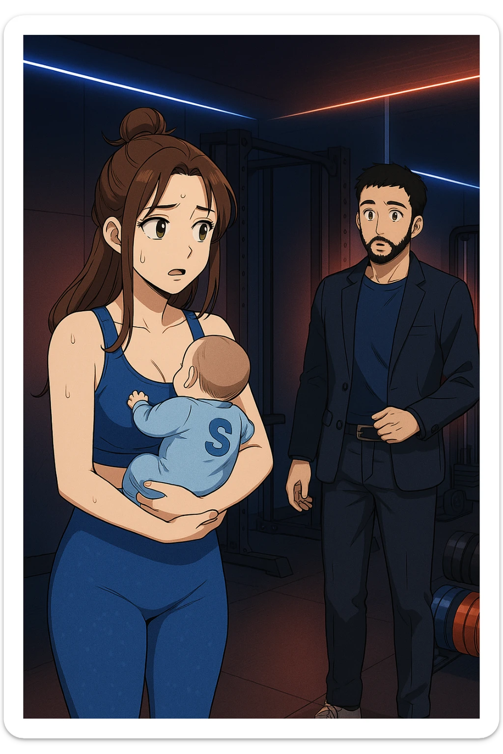 ispirati a questo stile di disegno e fai questa immagine in versione manga/webtoon a colori, il manga mostra la donna preoccupata con un neonato in braccio con una tutina azzurra e la scritta "S" sulla schiena, la donna gli sta facendo una domanda all'uomo, ma non fare i fumetti, fai come se stessero parlando sticker